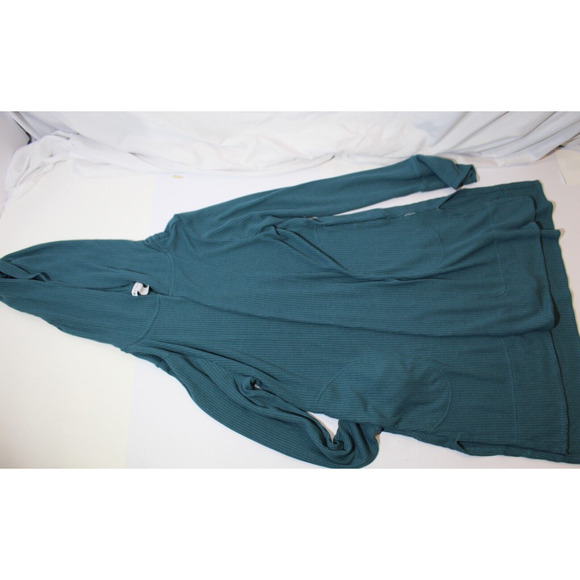 Athleta Harmony Pose Wrap Green Ribbed Hooded Open Cardigan Size: M Pockets LS - Picture 7 of 11